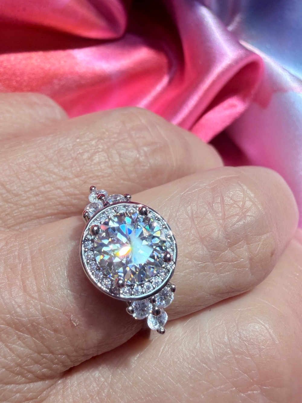 New 2 Carat Round Moissanite Ring with Shimmering Halo and Accent Stones